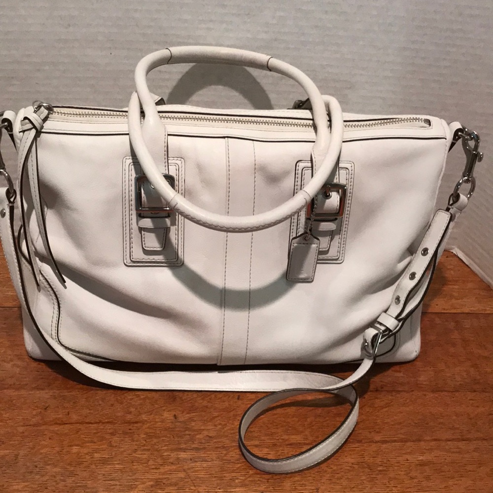 COACH (F13811) Large Winter White Leather Satchel With Crossbody Strap